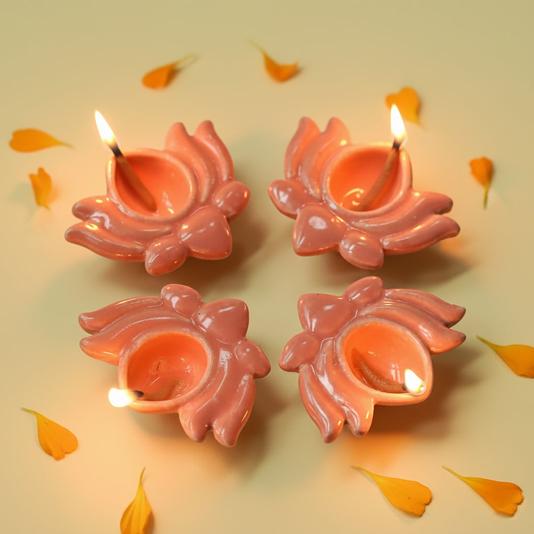 Set Of 4 | Handmade Orange Lotus Design Ceramic Oil Lamp / Diya