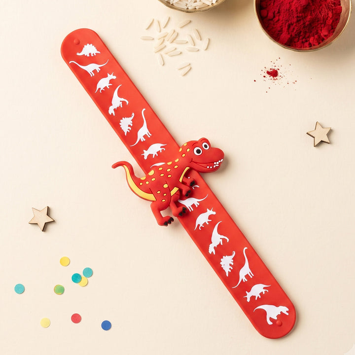 Handmade Red Dinosaur Silicone Slap Band Rakhi For Kids With Roli Chawal For Brother