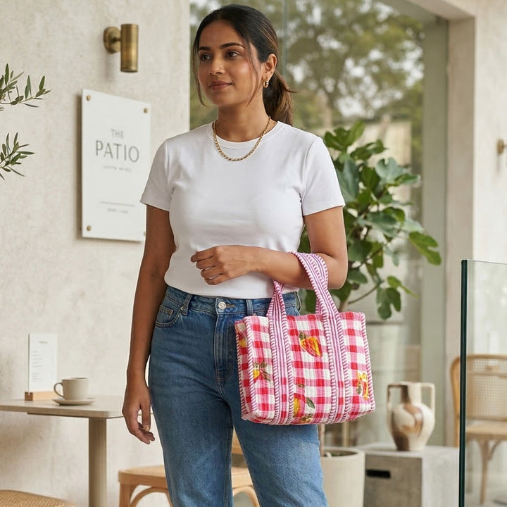 Handmade Pink Checkered Mini Cotton Tote Bag
