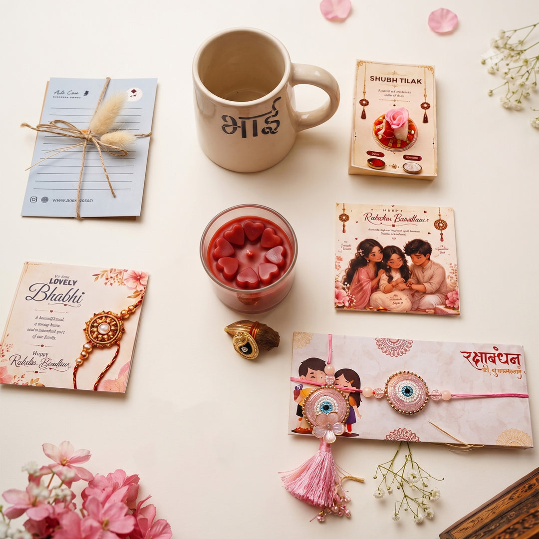 "Bhai Blessings" Heart Candle Ceramic Mug Rakhi Hamper With Rakhi & Roli Chawal For Brother