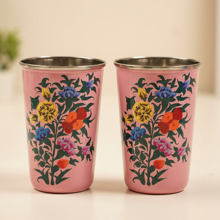 2Pc | Hand-Painted Pink Floral Kashmiri Art Stainless Steel Large Glasses