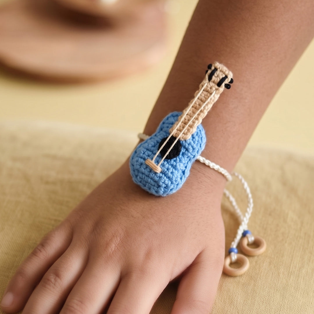 Handmade Crochet Acoustic Guitar Rakhi For Boys With Roli Chawal