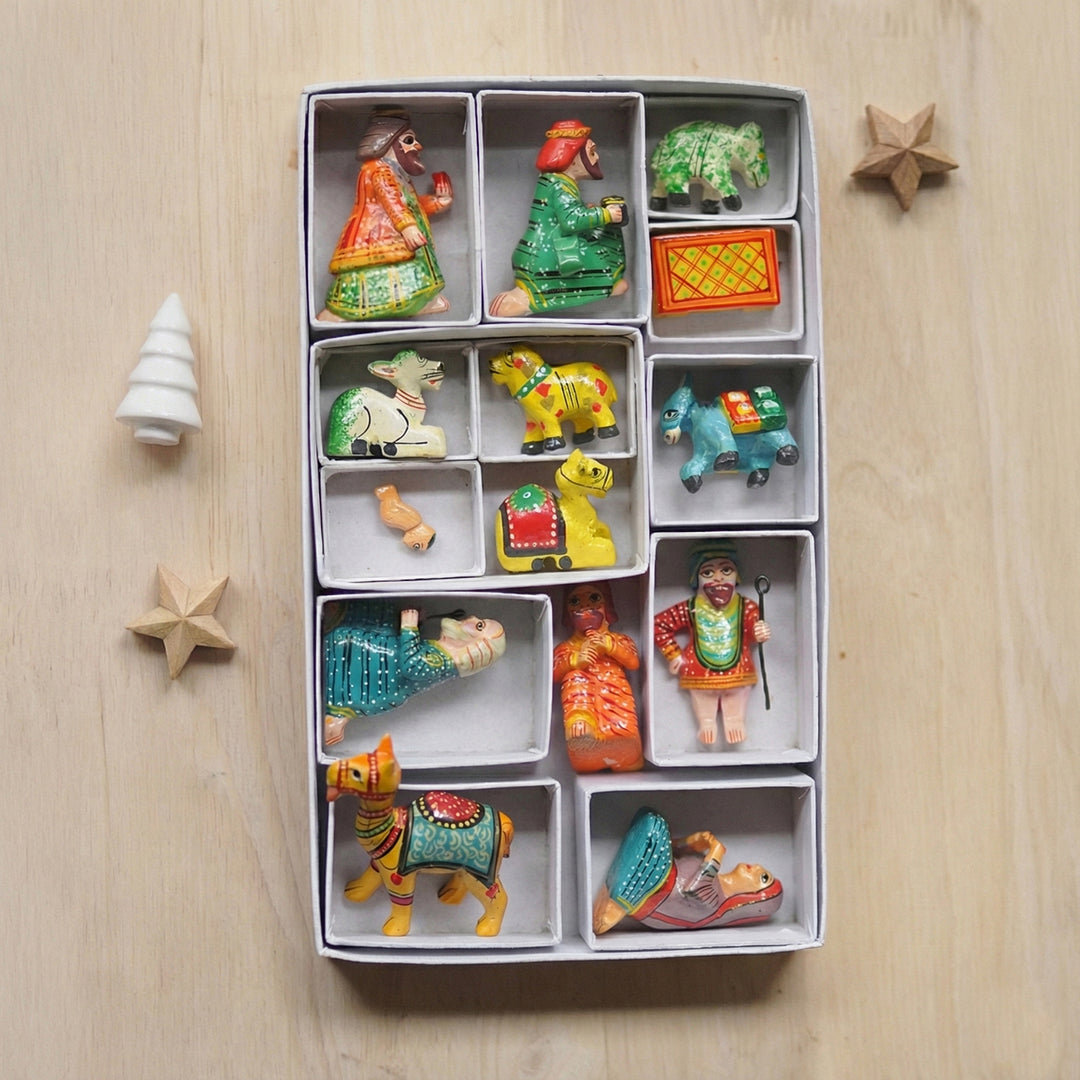 13 Pc | Handmade Indian Wooden Nativity Set For Christmas Decoration