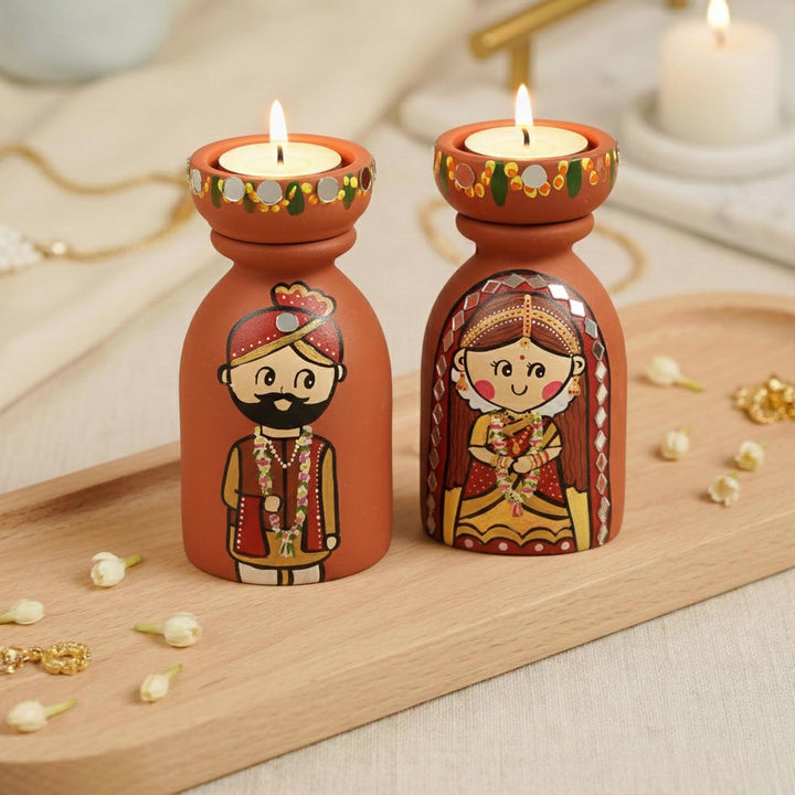 2 Pc | Mirror Work Wedding Couple Handpainted Terracotta Tealight Holders