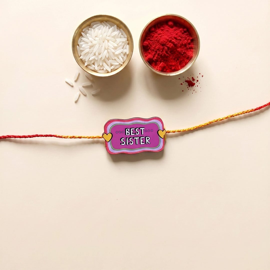 Personalized Wood Slice & Rakhi Gift Hamper For Sister With Kumkum Rice