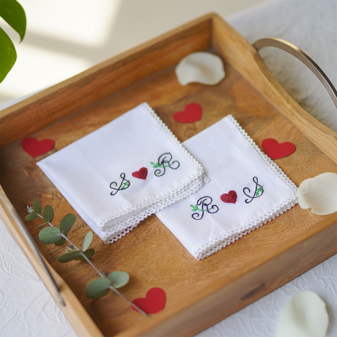 2 Pc | Personalized Hand Embroidered Red Heart Cotton Handkerchief For Couples