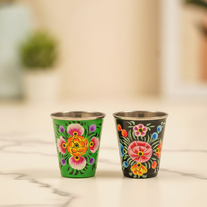 2Pc | Hand-Painted Black & Green Floral Kashmiri Art Stainless Steel Shot Glasses