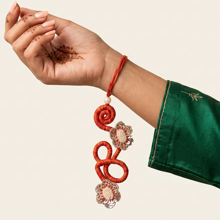 Moli Thread Decorative Floral Motif Lumba Rakhi With Roli Chawal For Sister/Bhabhi