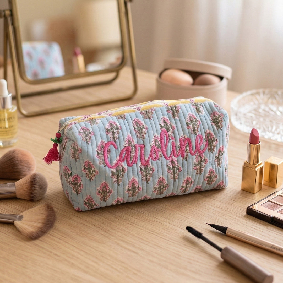 Personalized Block Printed Light Blue Cotton Cosmetic Pouch