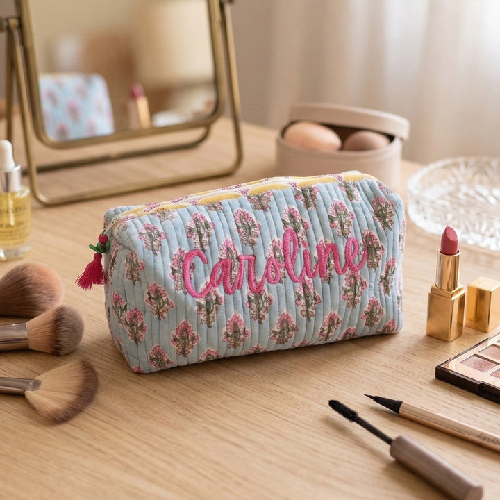 Personalized Block Printed Light Blue Cotton Cosmetic Pouch