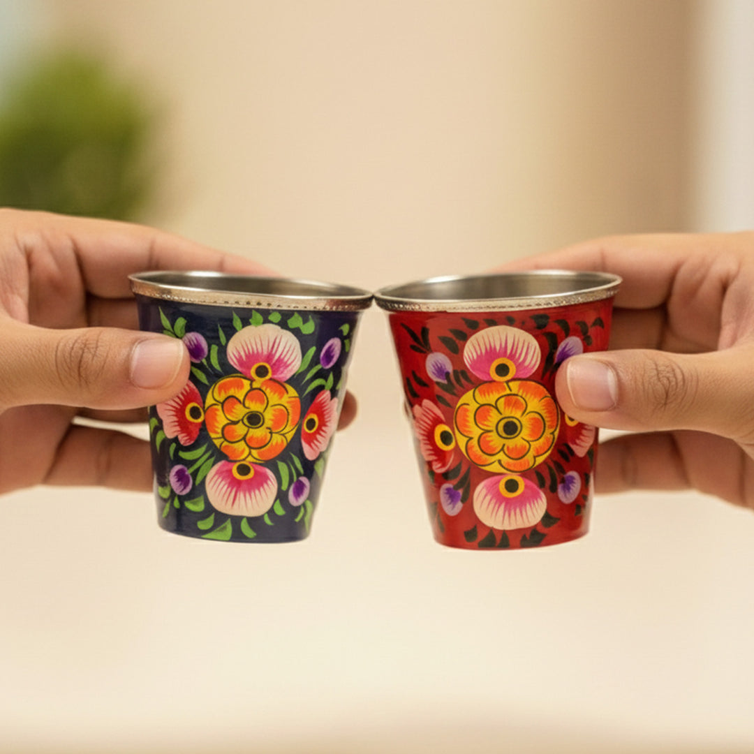 2Pc | Hand-Painted Red & Blue Floral Kashmiri Art Stainless Steel Shot Glasses