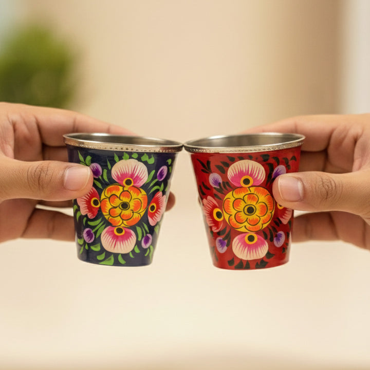 2Pc | Hand-Painted Red & Blue Floral Kashmiri Art Stainless Steel Shot Glasses