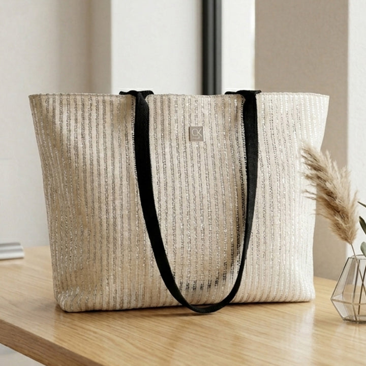Handcrafted White and Silver Striped Upcycled Plastic 16" Office Tote Bag