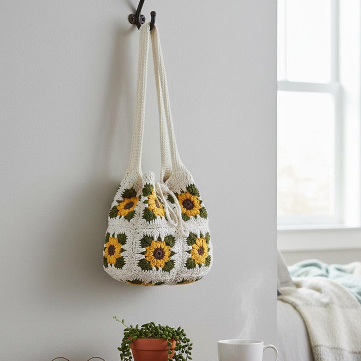 Handmade Crochet Sunflower Design Cotton Handbag