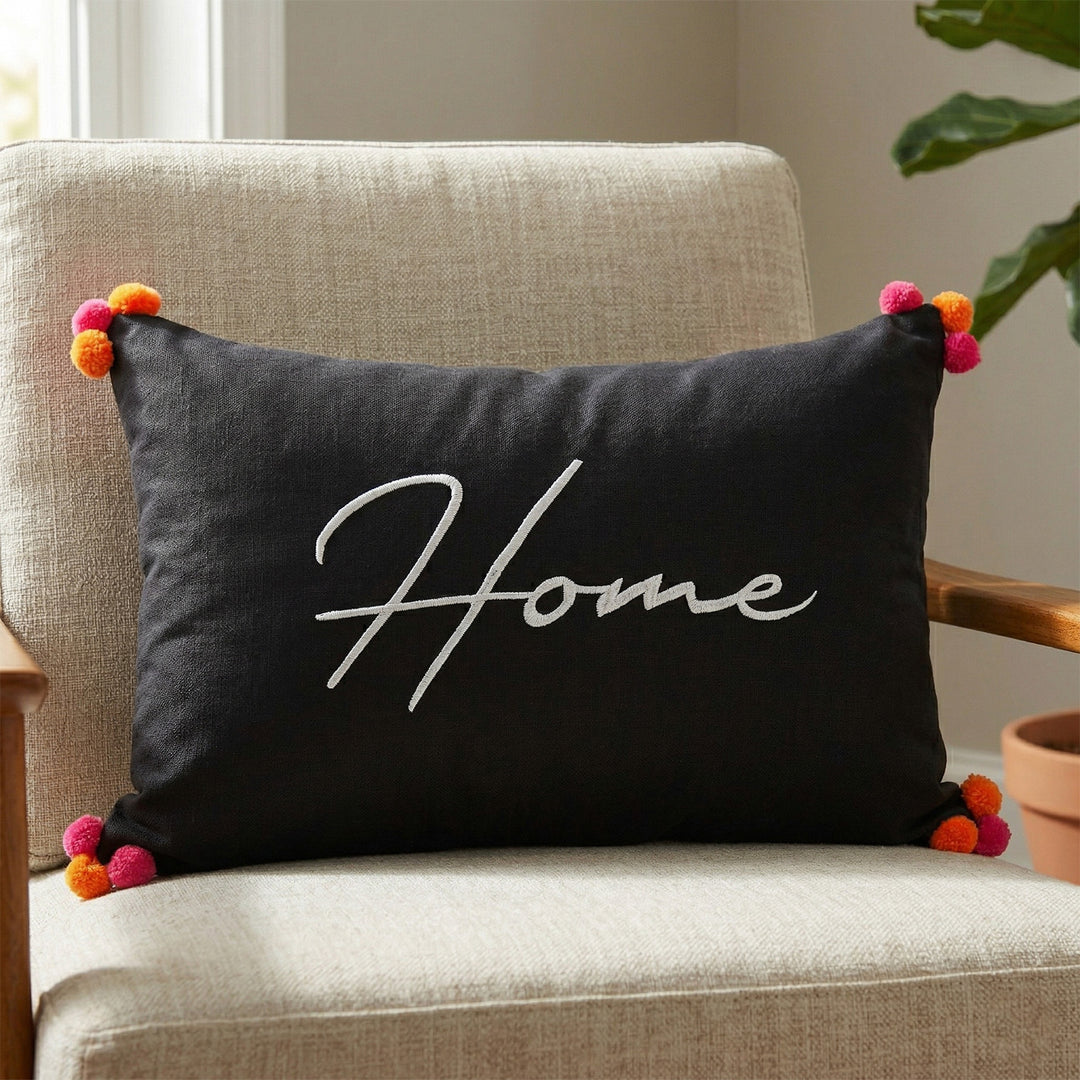 Black Cotton Home Pom Pom Cushion