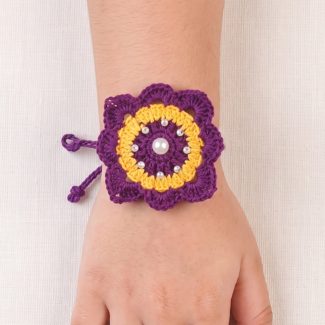 Handmade Crochet Royal Bloom Floral Rakhi With Roli Chawal For Bhaiya