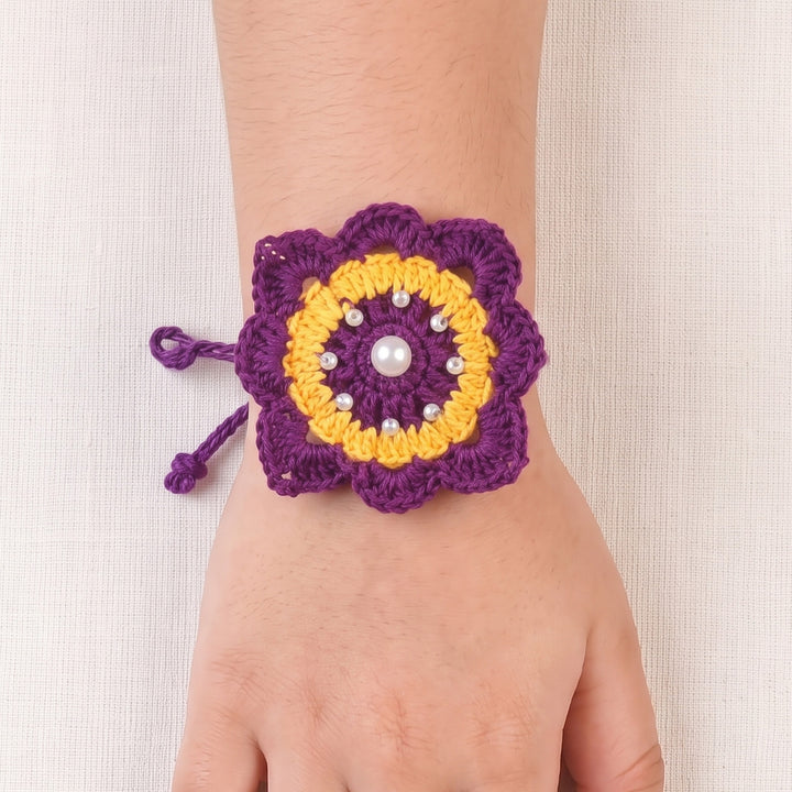 Handmade Crochet Royal Bloom Floral Rakhi With Roli Chawal For Bhaiya