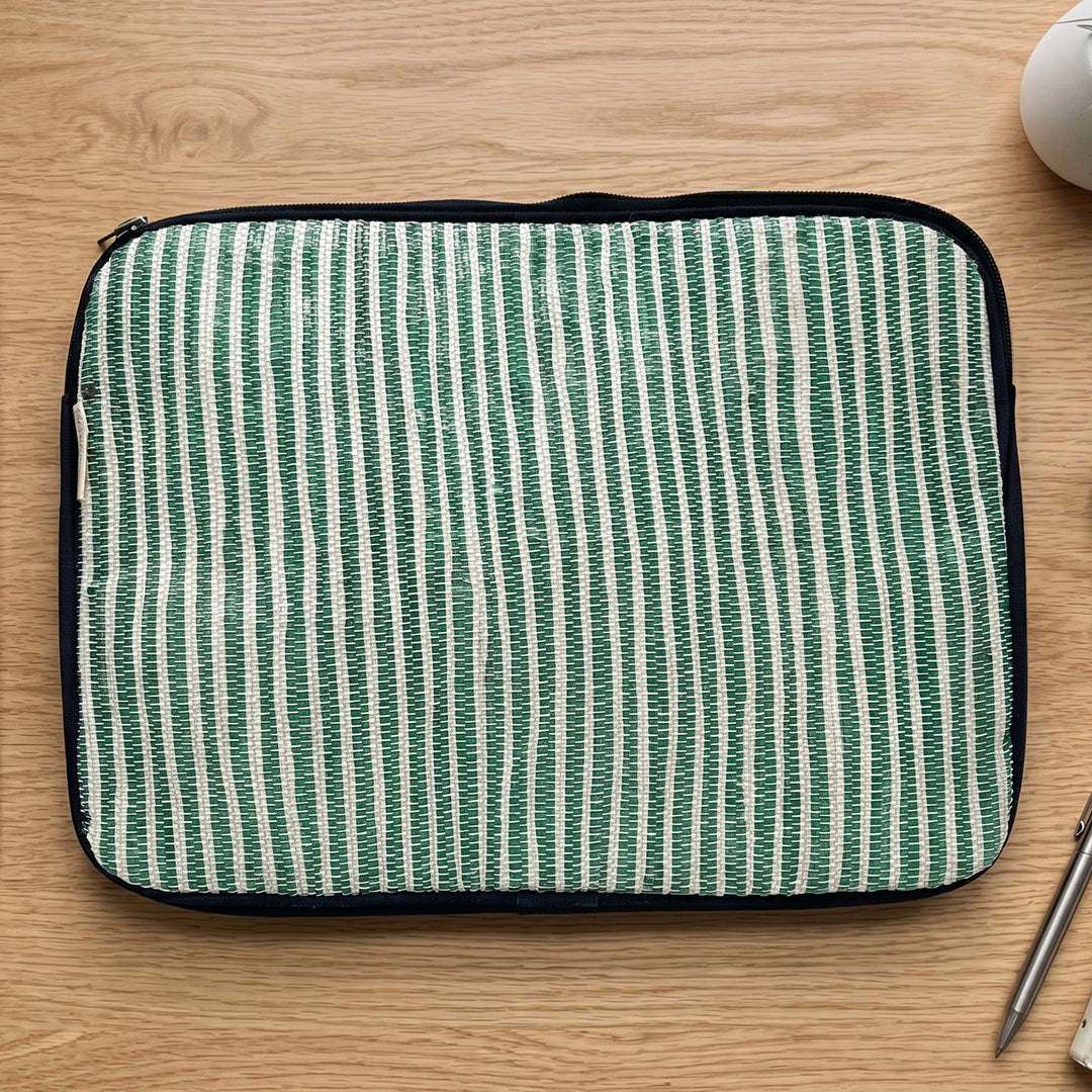 Handcrafted Green and White Striped Upcycled Plastic 14" Laptop Sleeve