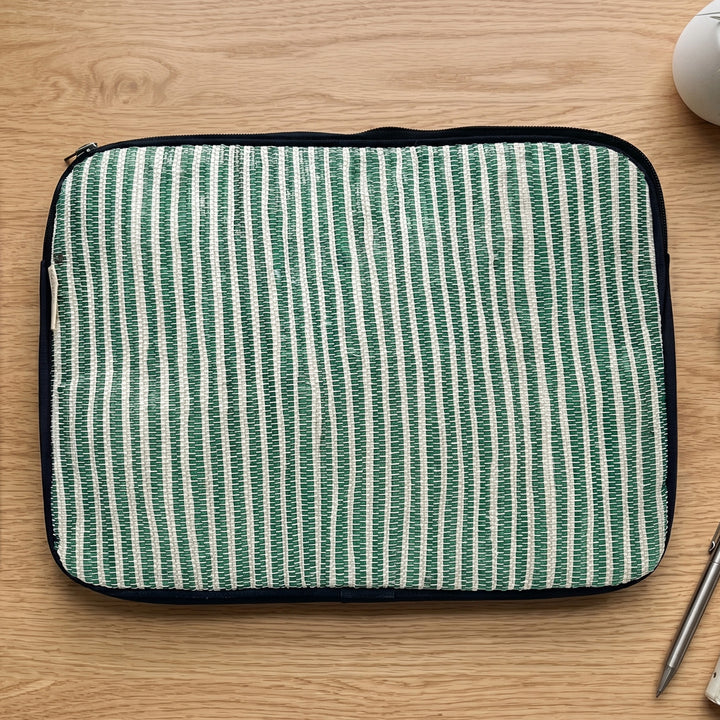 Handcrafted Green and White Striped Upcycled Plastic 14" Laptop Sleeve
