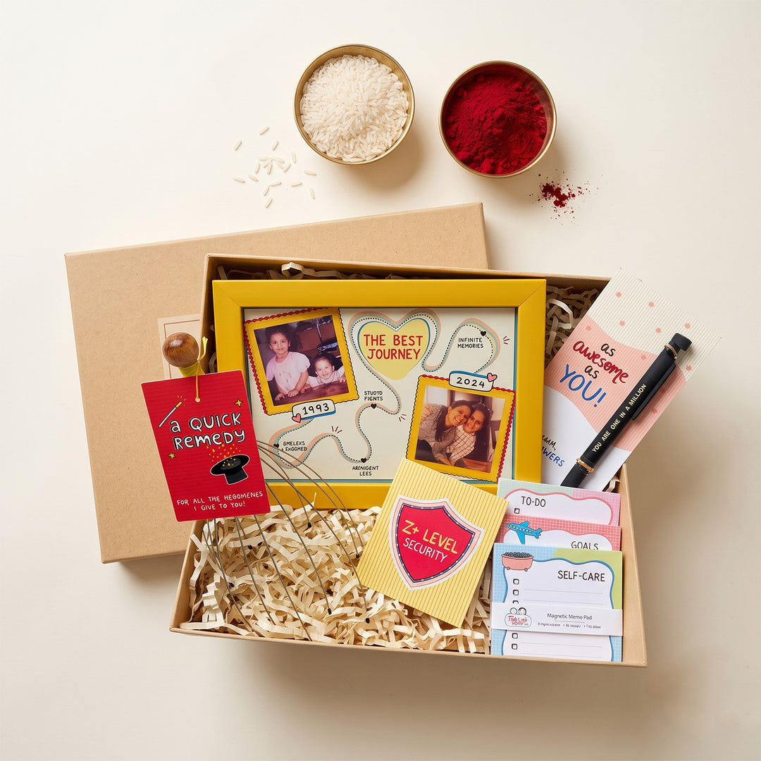 Personalized Time Travel Frame Postcard-Theme Rakhi Gift Hamper | 6-Piece Surprise Box