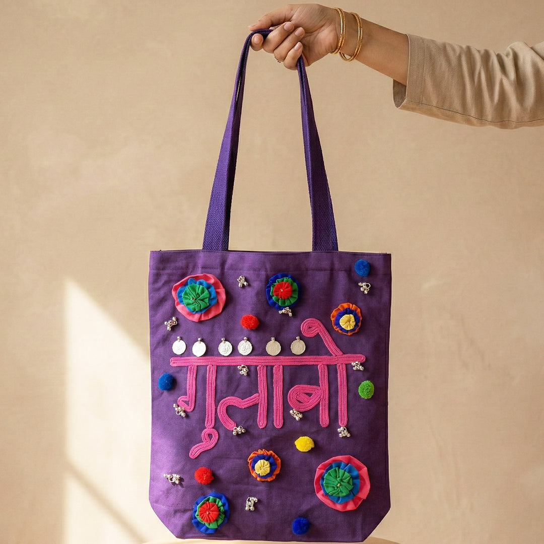 Hand-Embroidered Dori Work Gulabo Tote Bag
