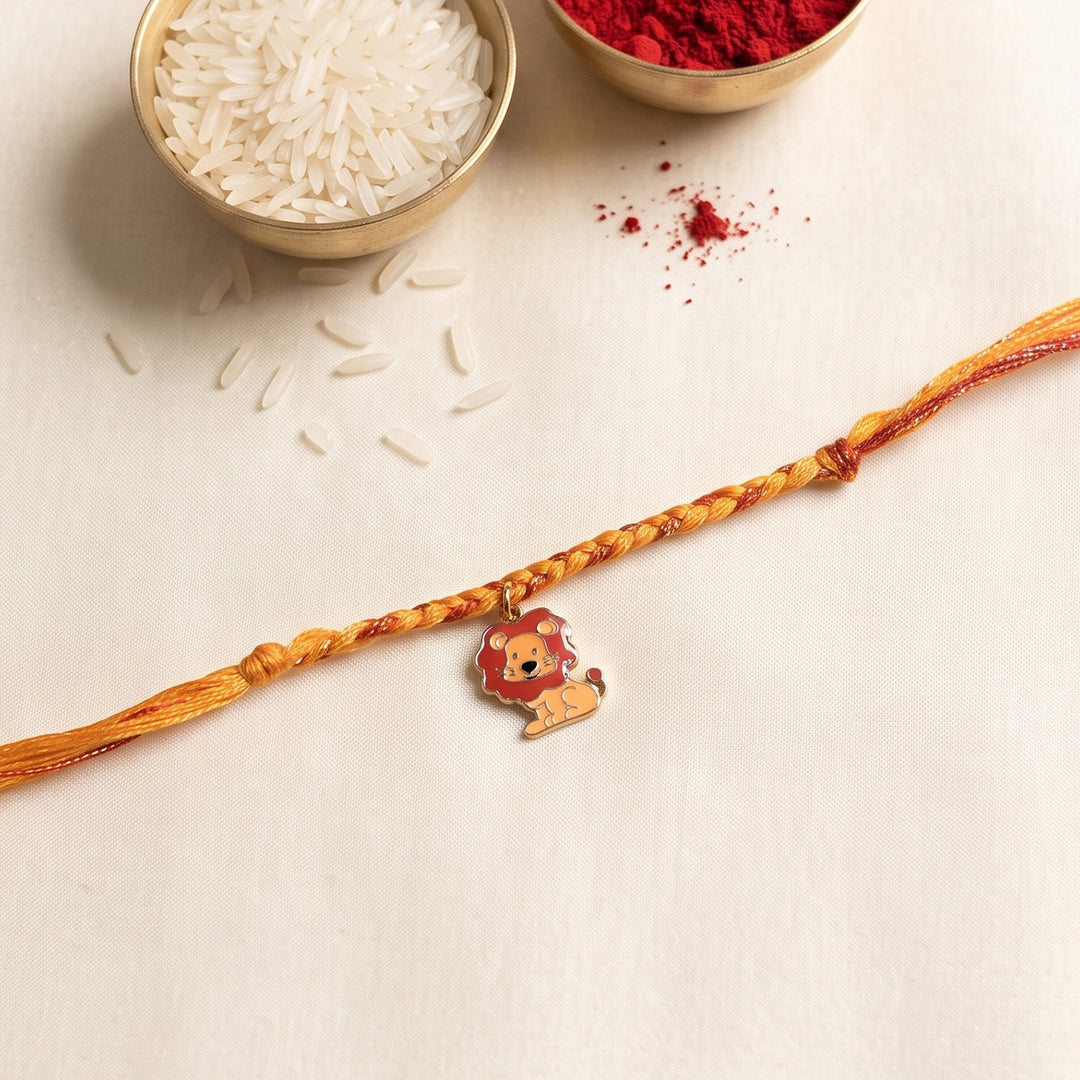 Handmade Lion Charm Rakhi With Roli Chawal For Kids