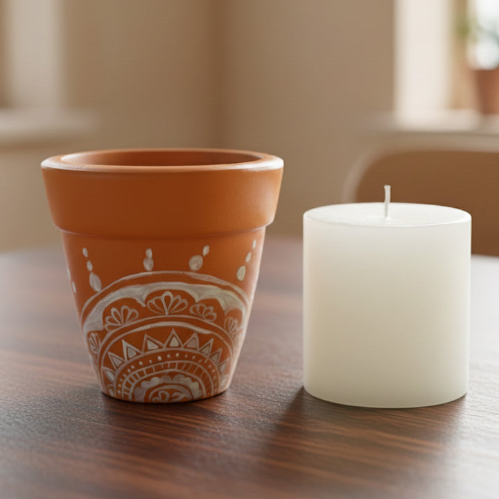 Hand-Painted Planter Design Terracotta Candle Holder With Candle