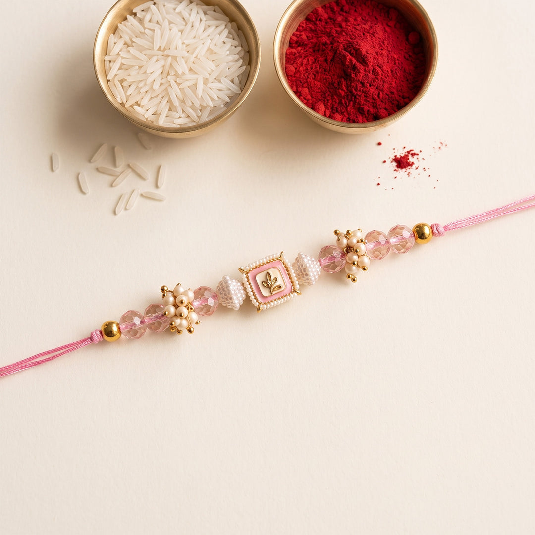Hand-Knotted Pastel Pink Beaded Rakhi With Roli Chawal For Brother