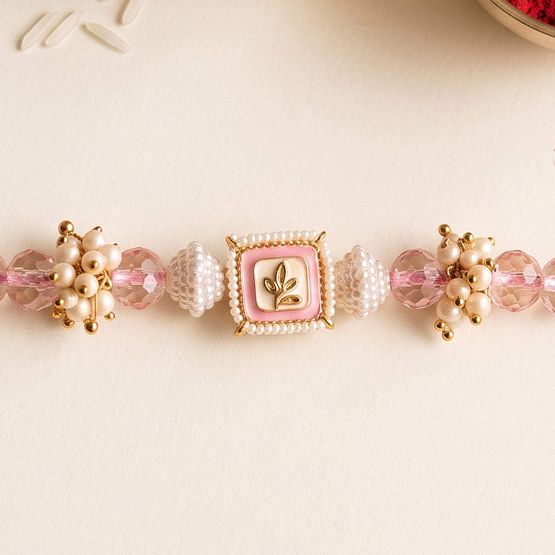Hand-Knotted Pastel Pink Beaded Rakhi With Roli Chawal For Brother