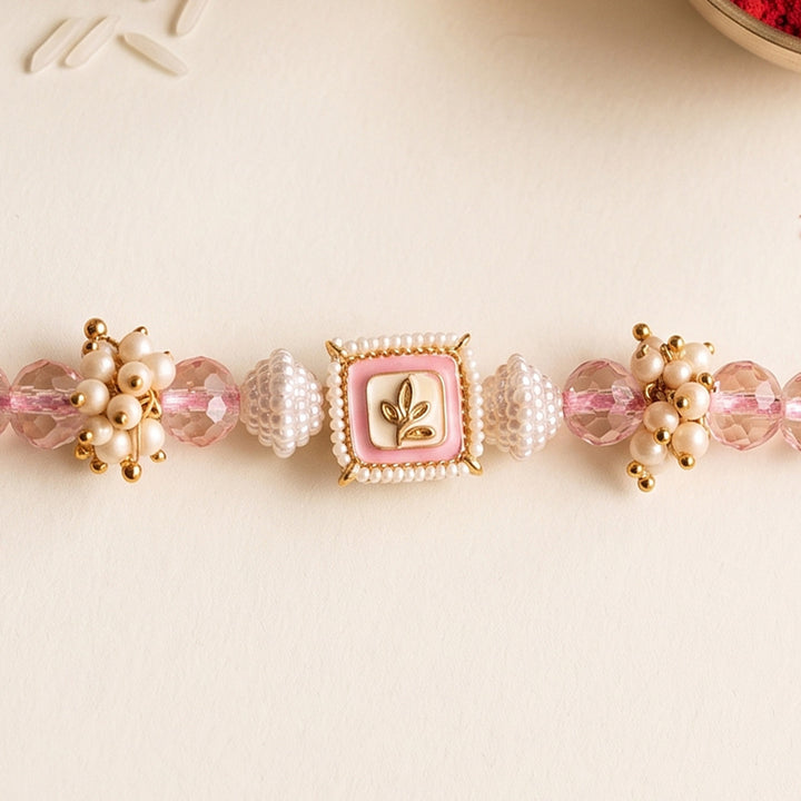 Hand-Knotted Pastel Pink Beaded Rakhi With Roli Chawal For Brother
