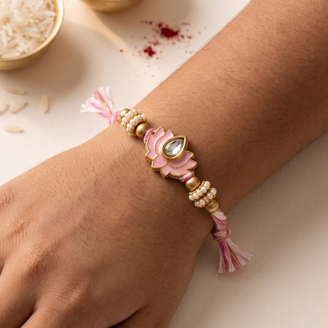 Reusable Lotus Beaded Thread Rakhi With Roli Chawal For Brother
