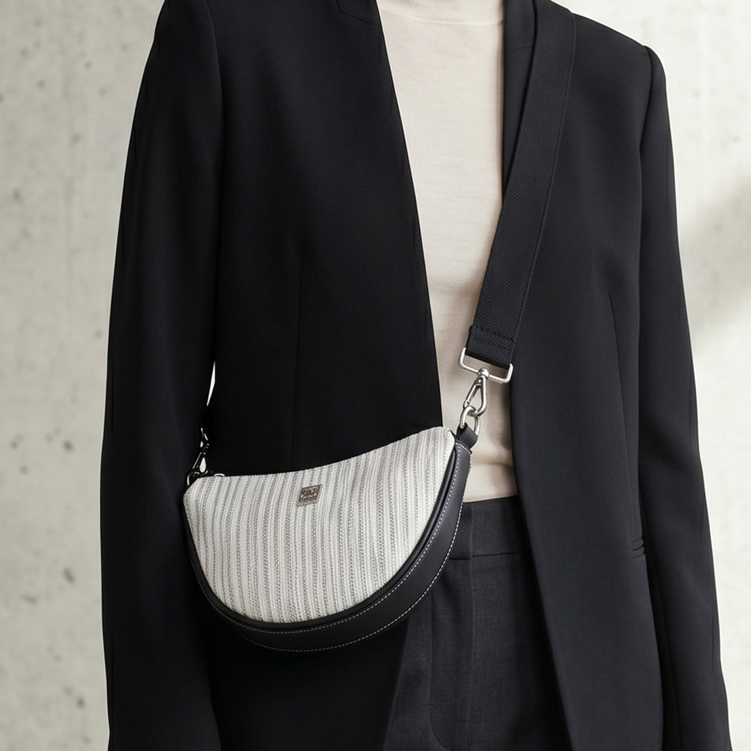 White and Silver Striped Upcycled Plastic Handcrafted Mini Curve Sling Bag