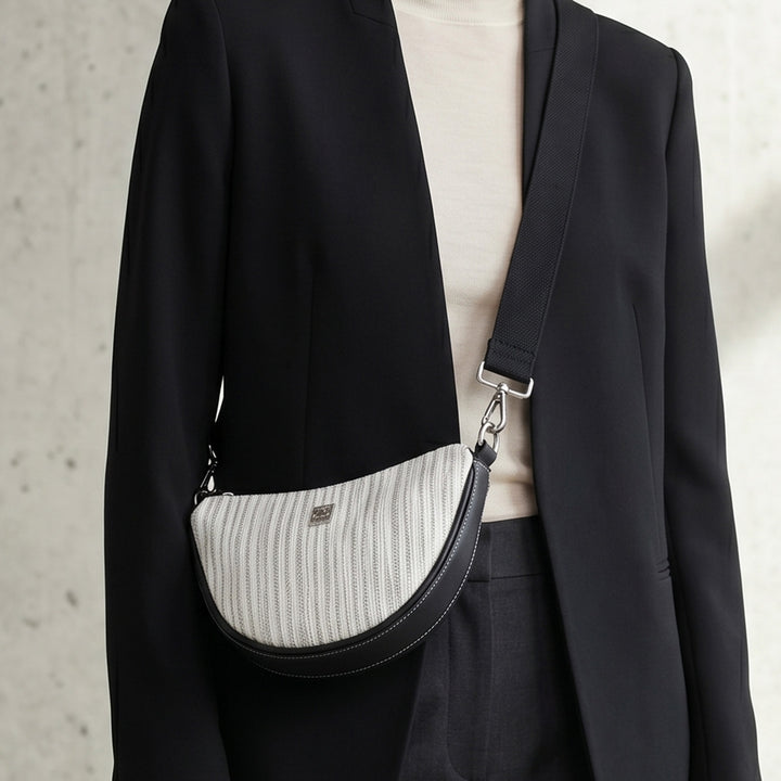 White and Silver Striped Upcycled Plastic Handcrafted Mini Curve Sling Bag