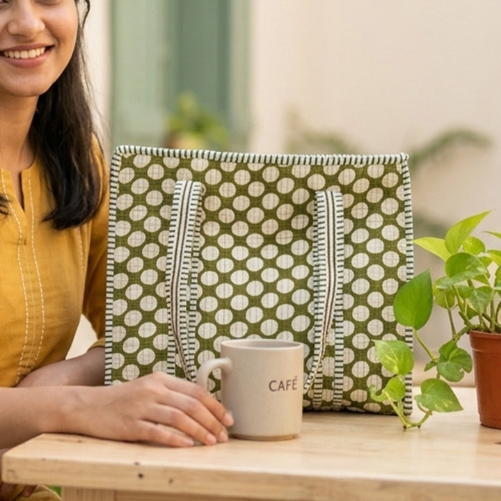 Handmade Olive Polka Cotton Tote Bag