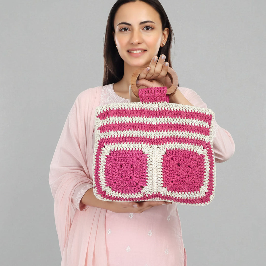 Handmade Crochet Pink & White Bag