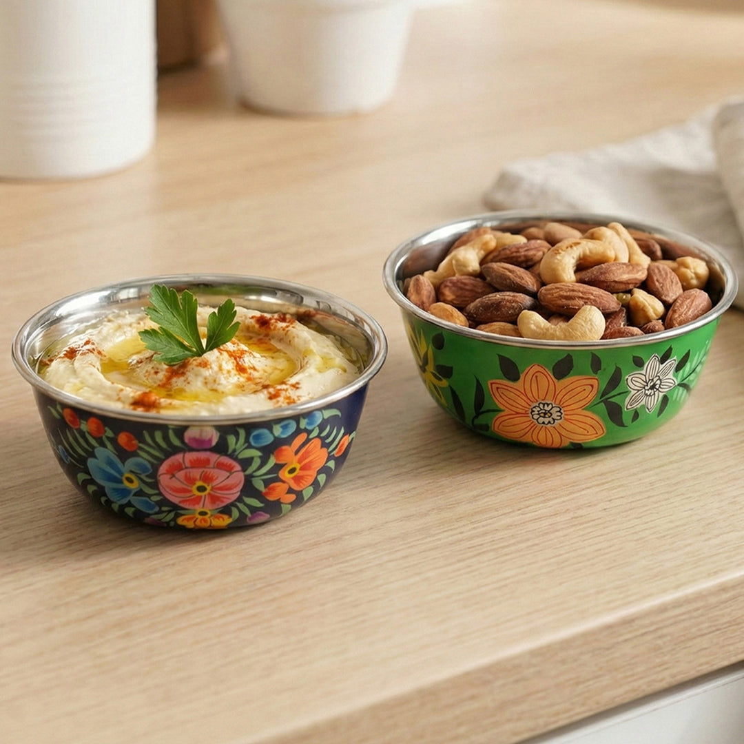 2Pc | Hand-Painted Floral Kashmiri Art Stainless Steel Small Bowls