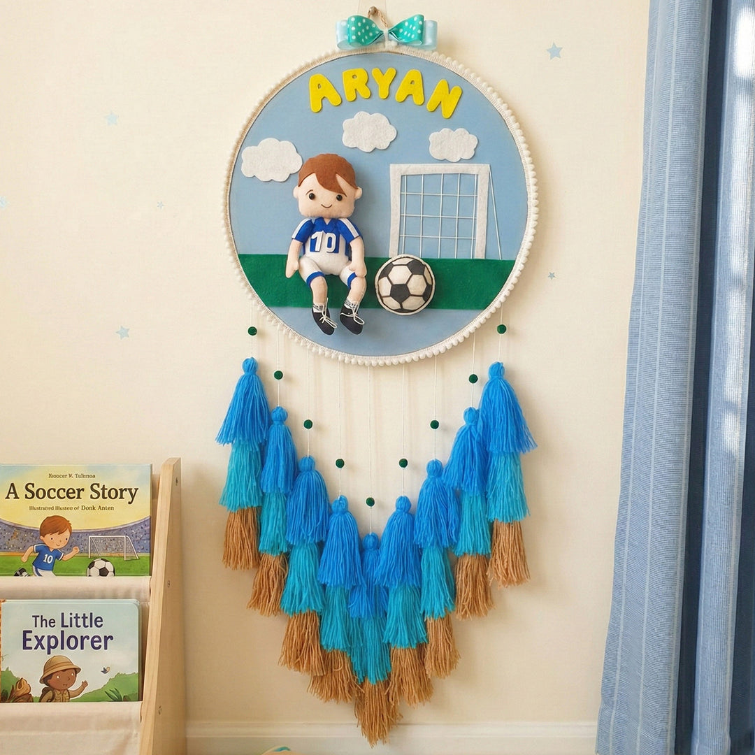 Personalized Soccer Boy Theme Kids Name Plate With Tassels