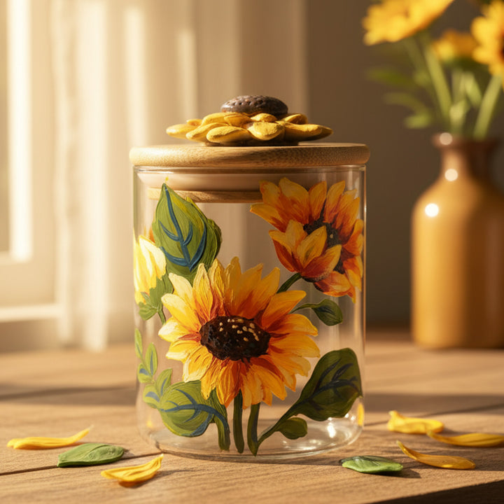 Hand-Painted Sunflower Glass Storage Container