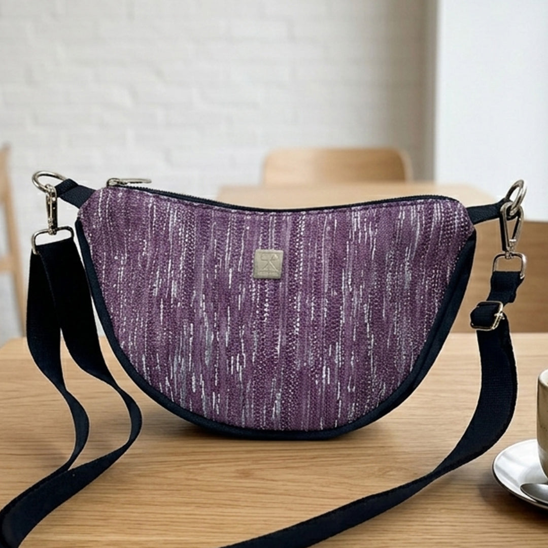 White and Purple Striped Upcycled Plastic Handcrafted Curve Sling Bag