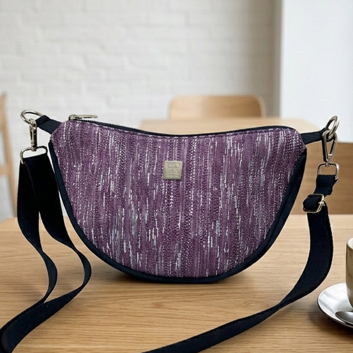 White and Purple Striped Upcycled Plastic Handcrafted Curve Sling Bag
