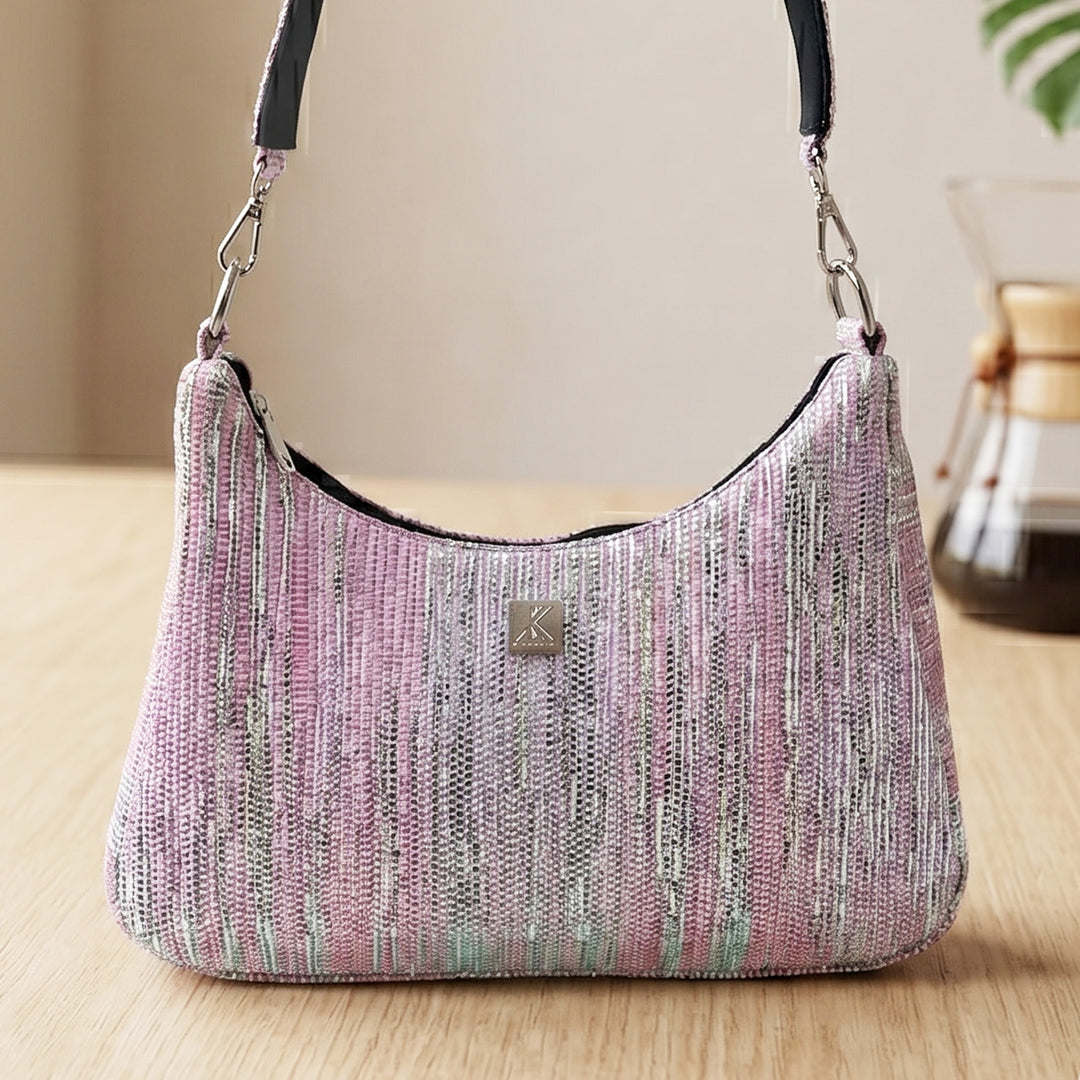 Pink and Silver Striped Upcycled Plastic Handcrafted Baguette Handbag