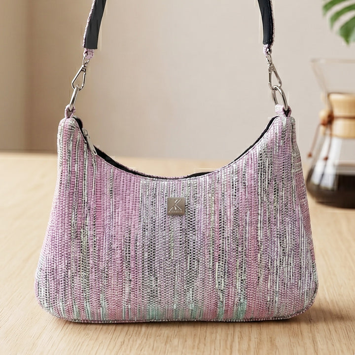 Pink and Silver Striped Upcycled Plastic Handcrafted Baguette Handbag