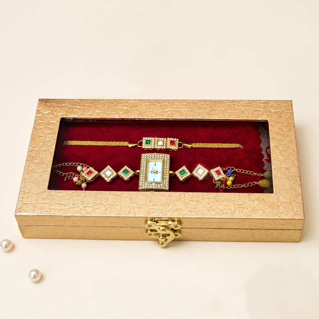 Handmade Kundan & Pearl Rang Mahal Polki-Style Rakhi & Bhabhi Watch Combo For Bhaiya Bhabhi | Set of 2