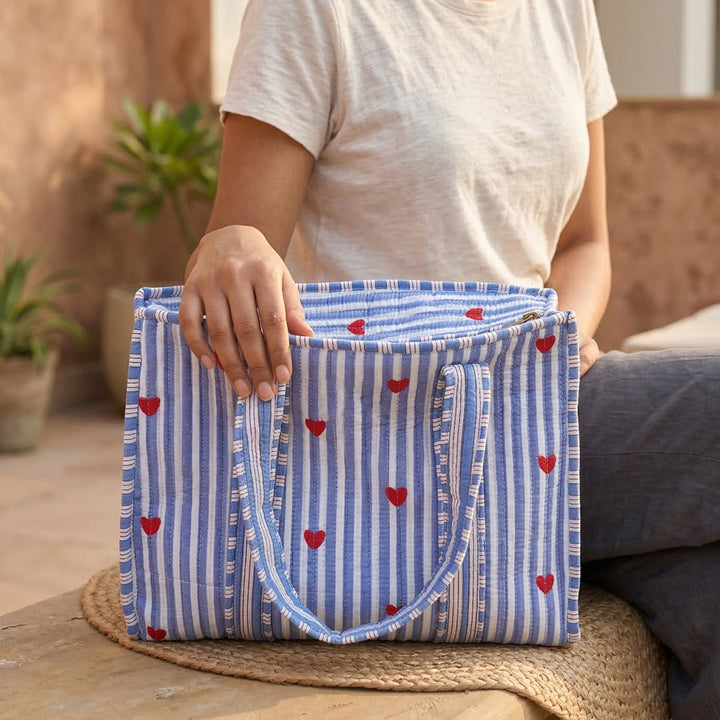 Handmade Blue Heartbeat Cotton Tote Bag