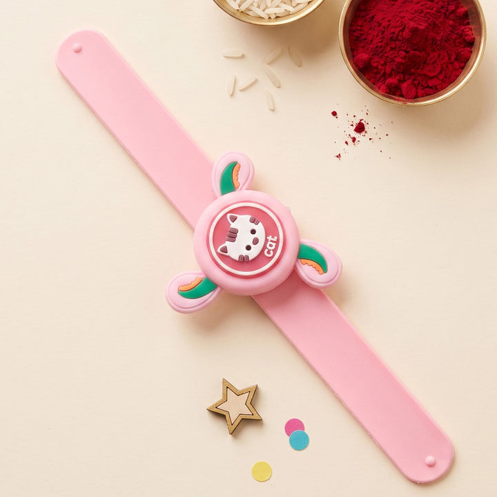 Handmade Cat Spinner Silicone Slap Band Rakhi For Kids With Roli Chawal For Brother