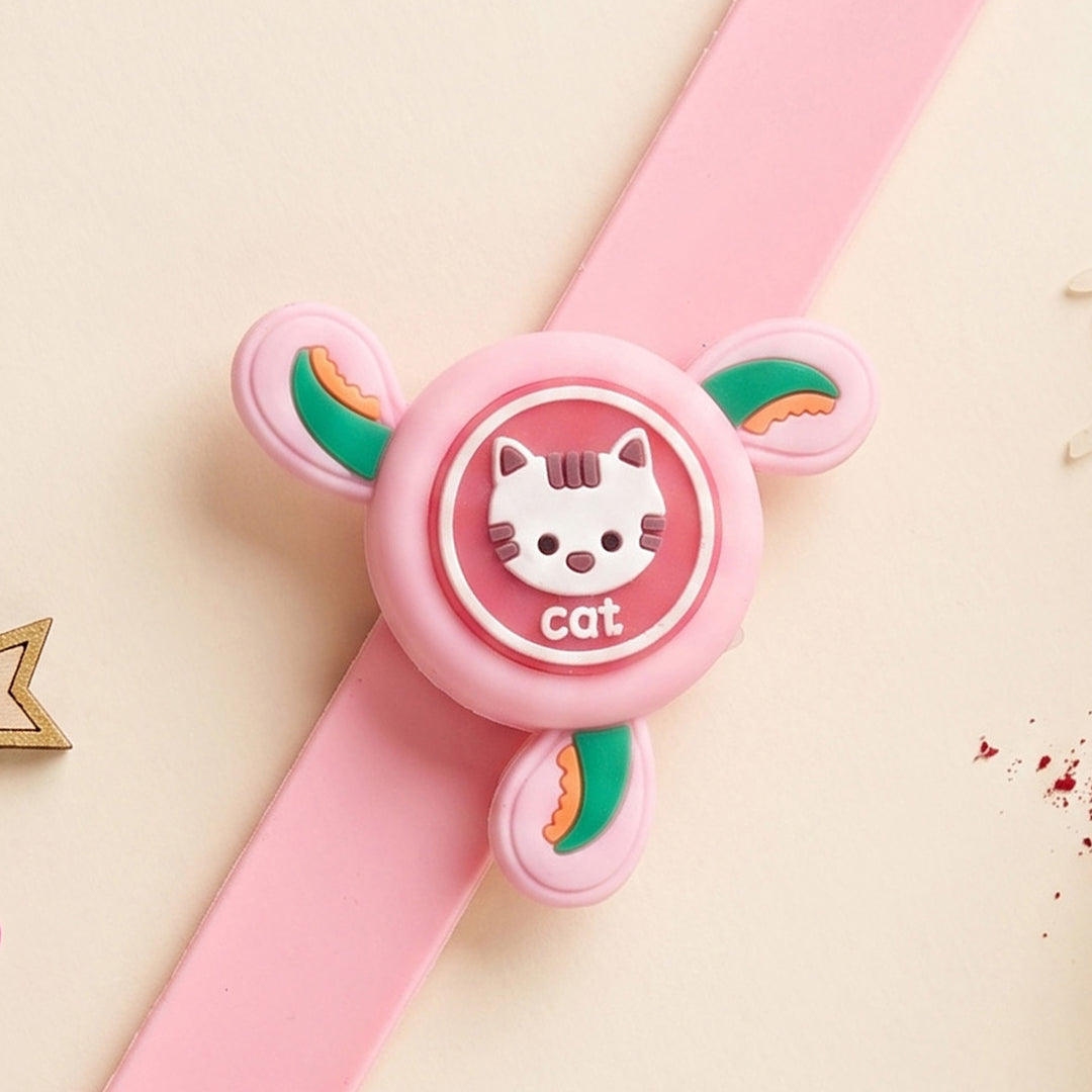 Handmade Cat Spinner Silicone Slap Band Rakhi For Kids With Roli Chawal For Brother