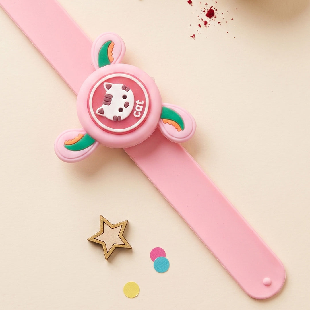Handmade Cat Spinner Silicone Slap Band Rakhi For Kids With Roli Chawal For Brother