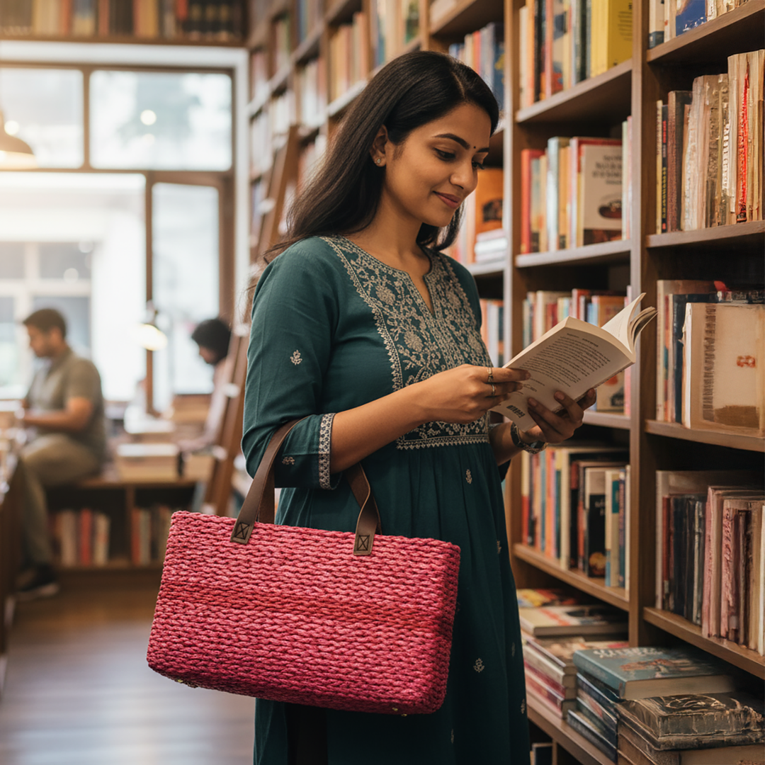 Handmade Grass Woven Single Striped Red Sabai Mesh Handbag