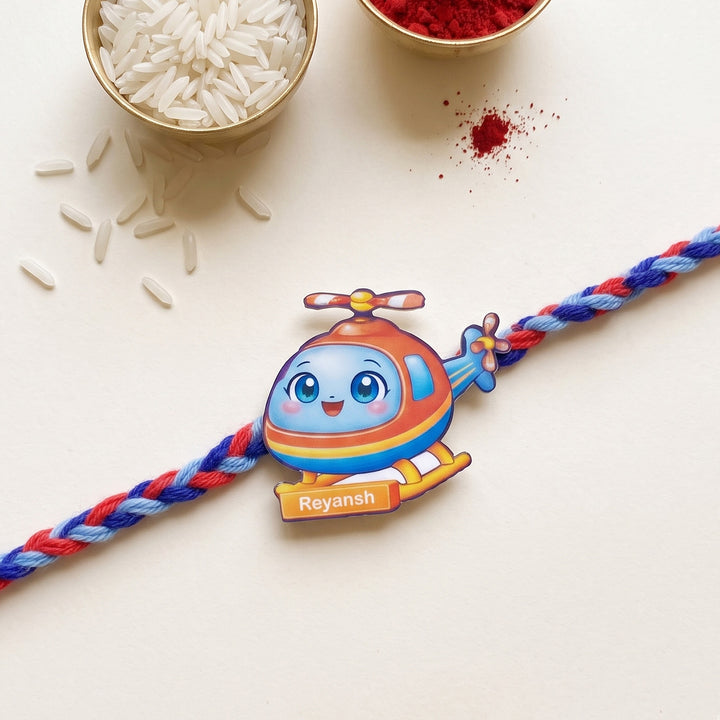 Personalized Reusable Helicopter MDF Wood Rakhi With Roli Chawal