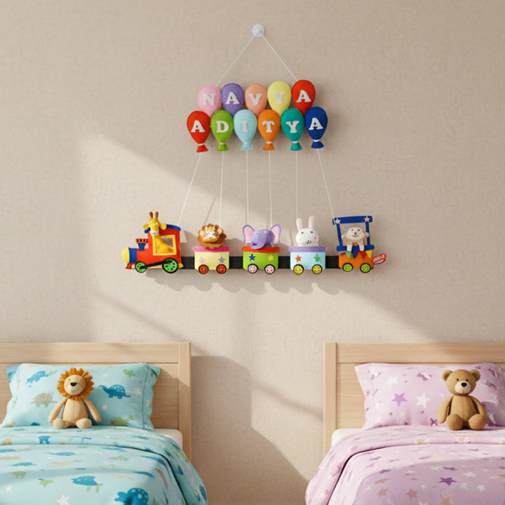 Handcrafted Personalized Felt Name Plate For Siblings | Jungle Animal Train Themed